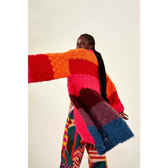 FARM RIO Sweater Cardigan Striped Rainbow Knit Puff Sleeve Open Front - Picture 7 of 7